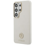 Guess Rhinestone Round Logo MagSafe dėklas, skirtas Samsung Galaxy S26 Ultra – smėlio spalvos