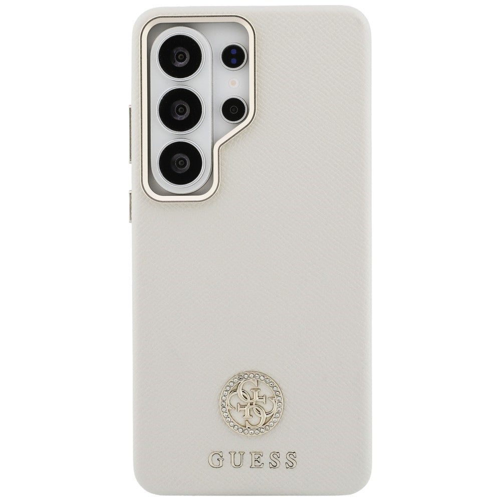 Guess Rhinestone Round Logo MagSafe dėklas, skirtas Samsung Galaxy S26 Ultra – smėlio spalvos