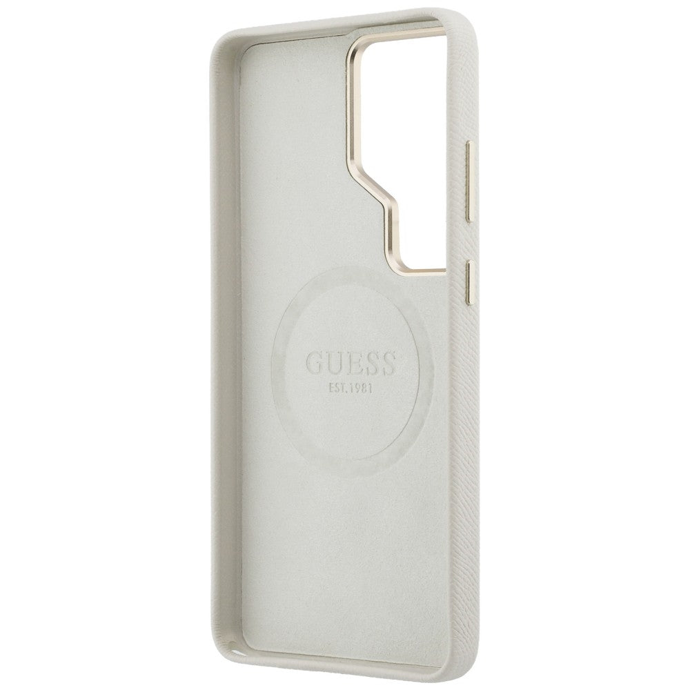 Guess Rhinestone Round Logo MagSafe dėklas, skirtas Samsung Galaxy S26 Ultra – smėlio spalvos