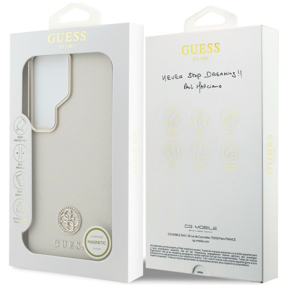 Guess Rhinestone Round Logo MagSafe dėklas, skirtas Samsung Galaxy S26 Ultra – smėlio spalvos