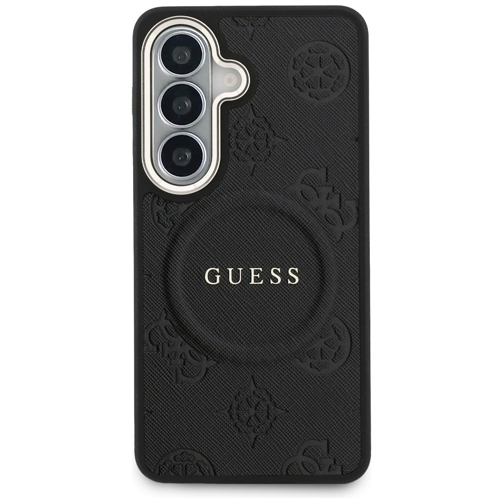 Guess Saffiano Peony Reljefinis žiedas MagSafe dėklas, skirtas Samsung Galaxy S26 - juodas