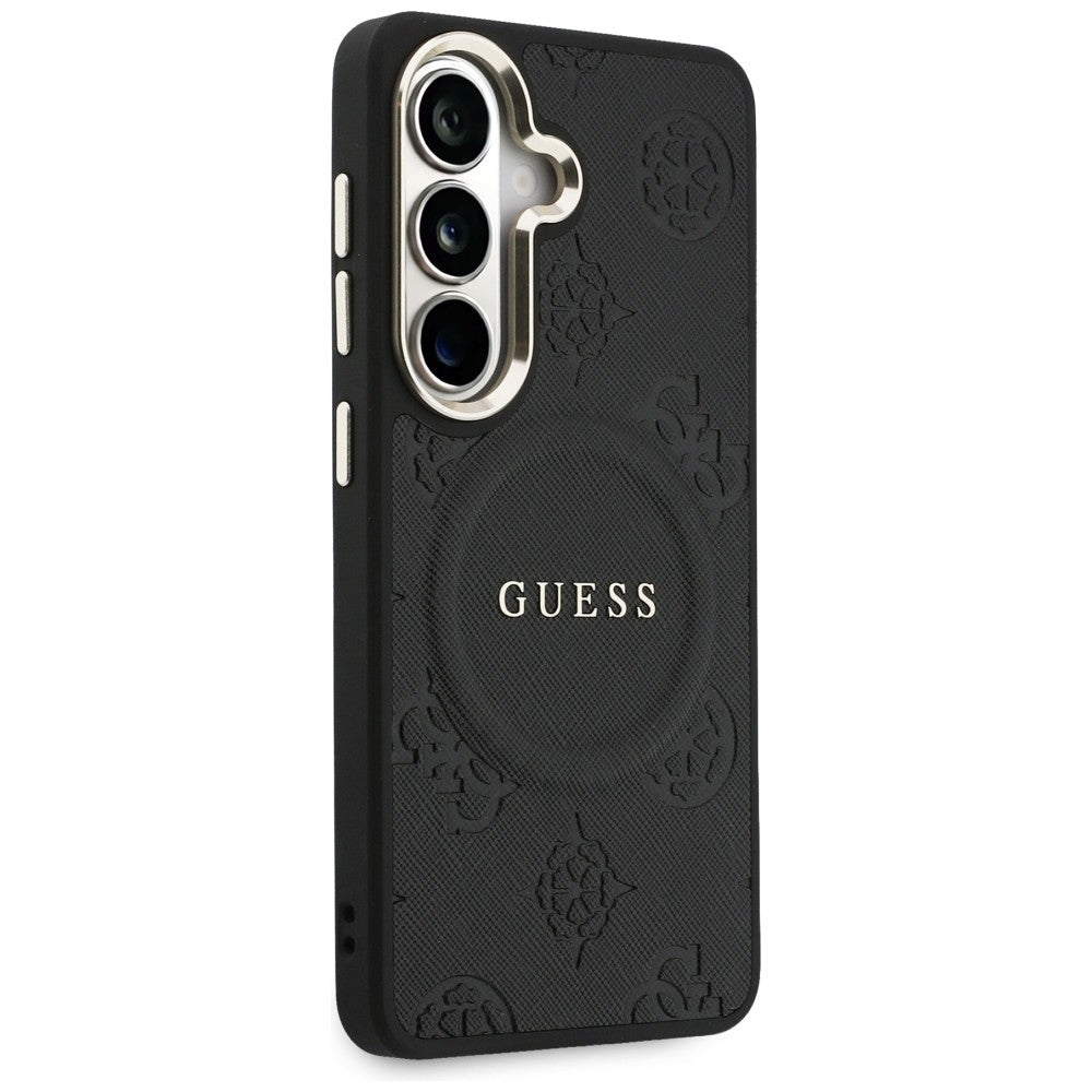 Guess Saffiano Peony Reljefinis žiedas MagSafe dėklas, skirtas Samsung Galaxy S26 - juodas