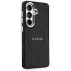 Guess Saffiano Peony Reljefinis žiedas MagSafe dėklas, skirtas Samsung Galaxy S26 - juodas
