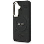 Guess Saffiano Peony Reljefinis žiedas MagSafe dėklas, skirtas Samsung Galaxy S26 - juodas