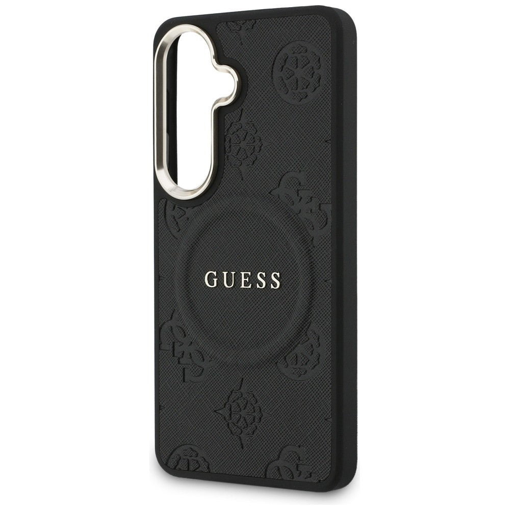 Guess Saffiano Peony Reljefinis žiedas MagSafe dėklas, skirtas Samsung Galaxy S26 - juodas