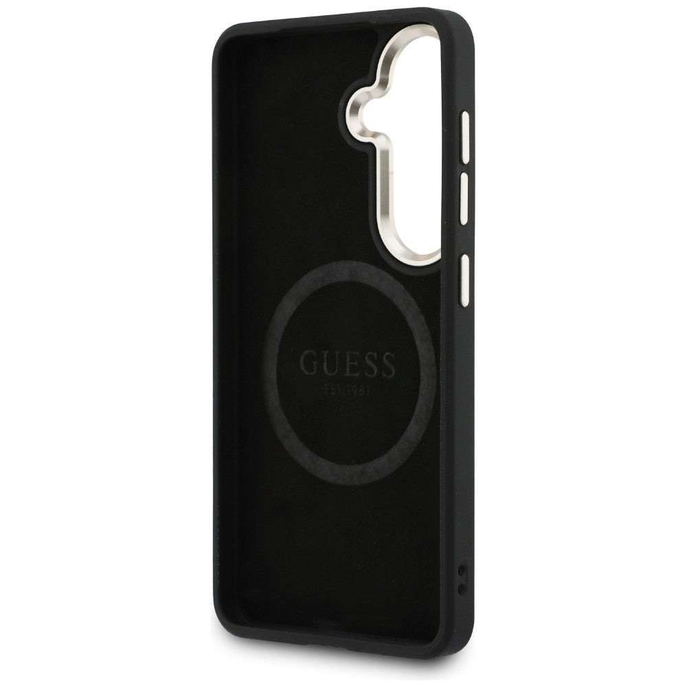 Guess Saffiano Peony Reljefinis žiedas MagSafe dėklas, skirtas Samsung Galaxy S26 - juodas