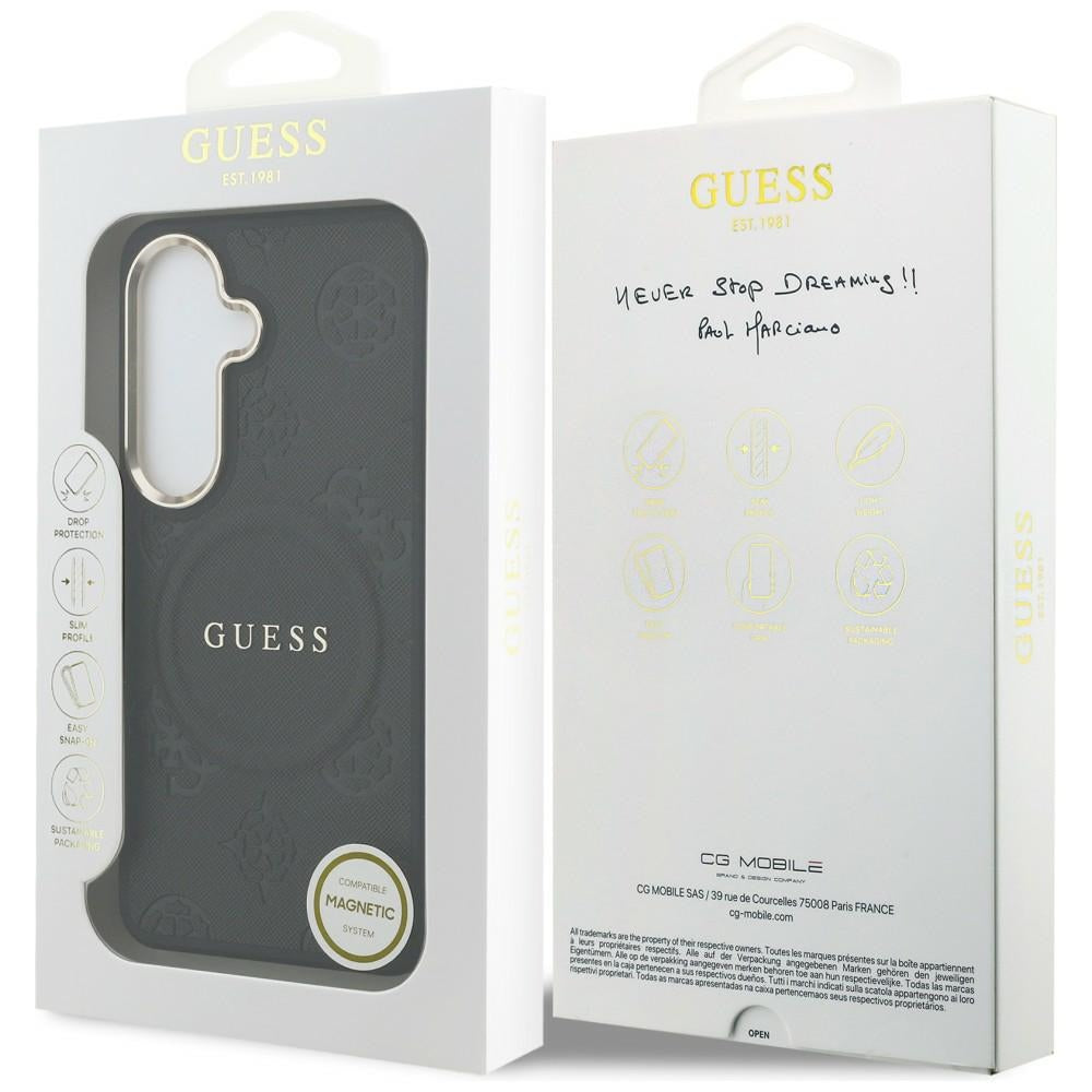 Guess Saffiano Peony Reljefinis žiedas MagSafe dėklas, skirtas Samsung Galaxy S26 - juodas