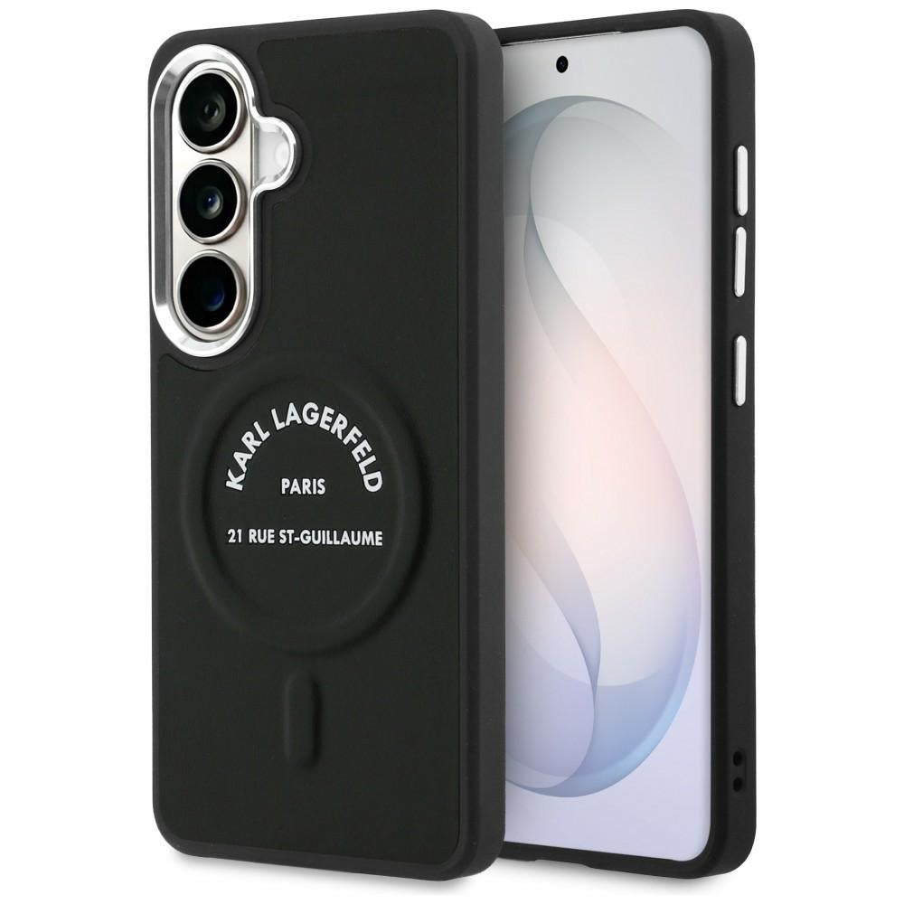Karlo Lagerfeldo reljefinis žiedas RSG Logo MagSafe dėklas, skirtas Samsung Galaxy S26 - juodas