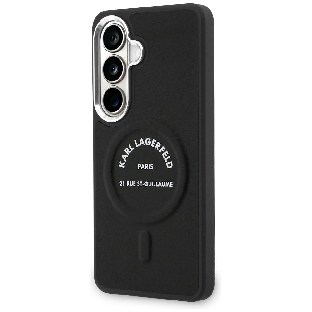 Karlo Lagerfeldo reljefinis žiedas RSG Logo MagSafe dėklas, skirtas Samsung Galaxy S26 - juodas