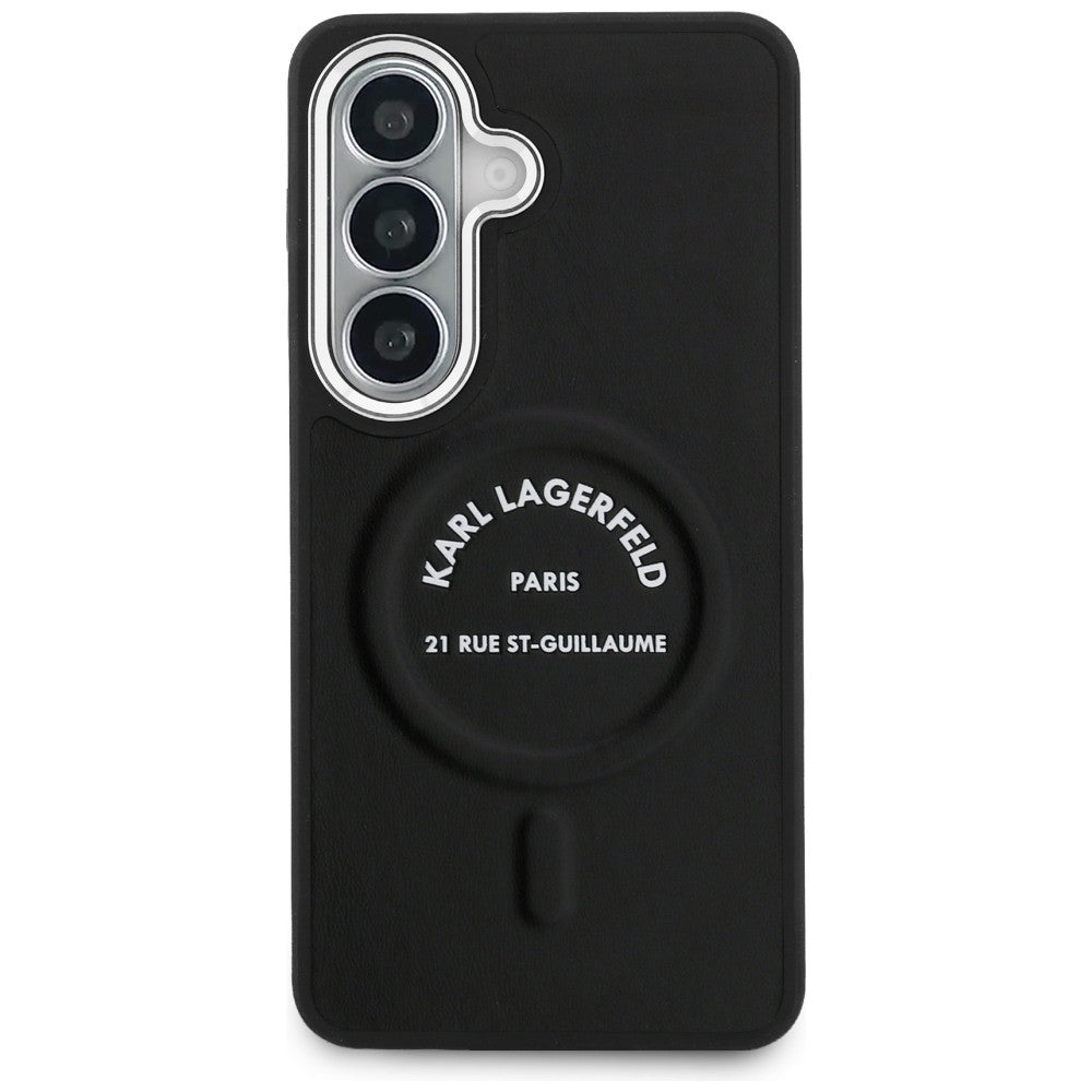 Karlo Lagerfeldo reljefinis žiedas RSG Logo MagSafe dėklas, skirtas Samsung Galaxy S26 - juodas