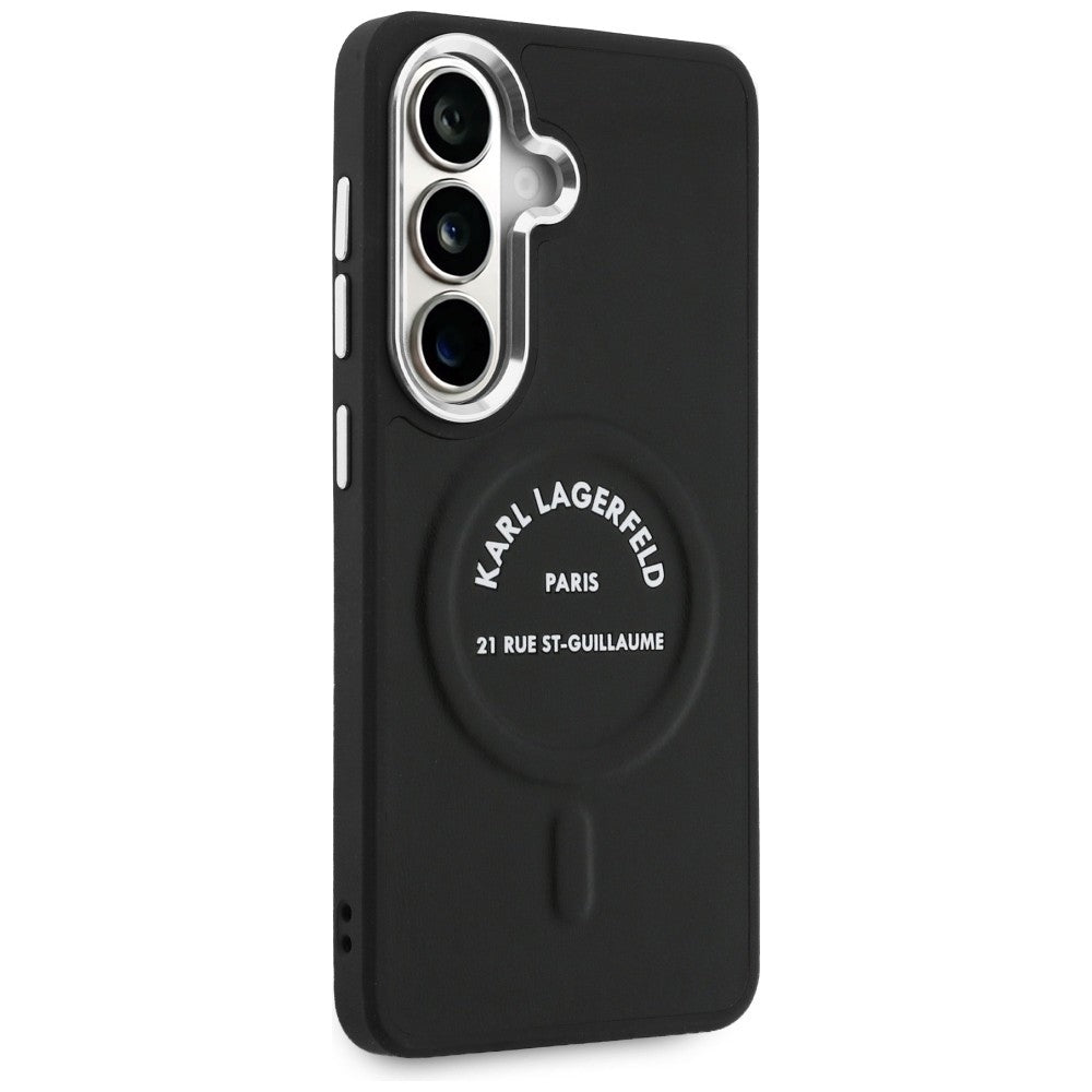 Karlo Lagerfeldo reljefinis žiedas RSG Logo MagSafe dėklas, skirtas Samsung Galaxy S26 - juodas