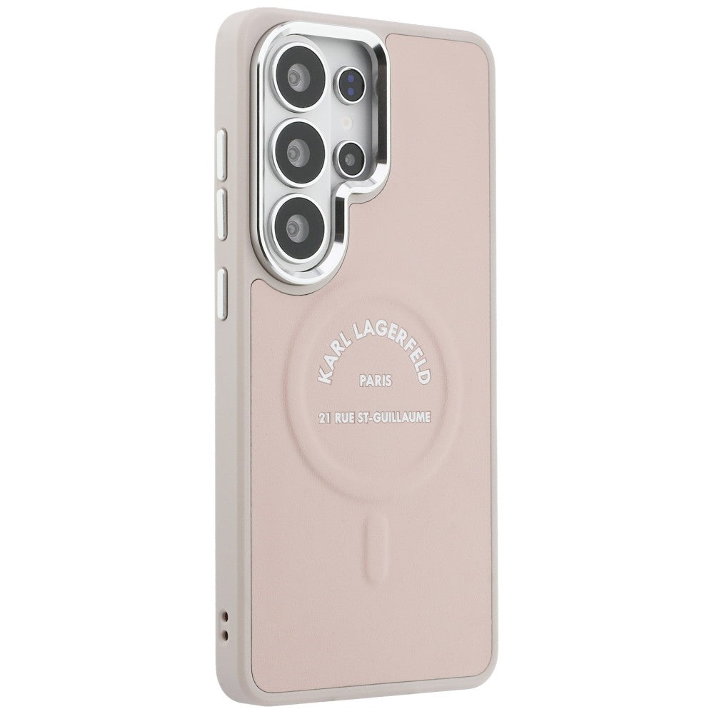 Karlo Lagerfeldo reljefinis žiedas RSG Logo MagSafe dėklas, skirtas Samsung Galaxy S26 Ultra – rožinė