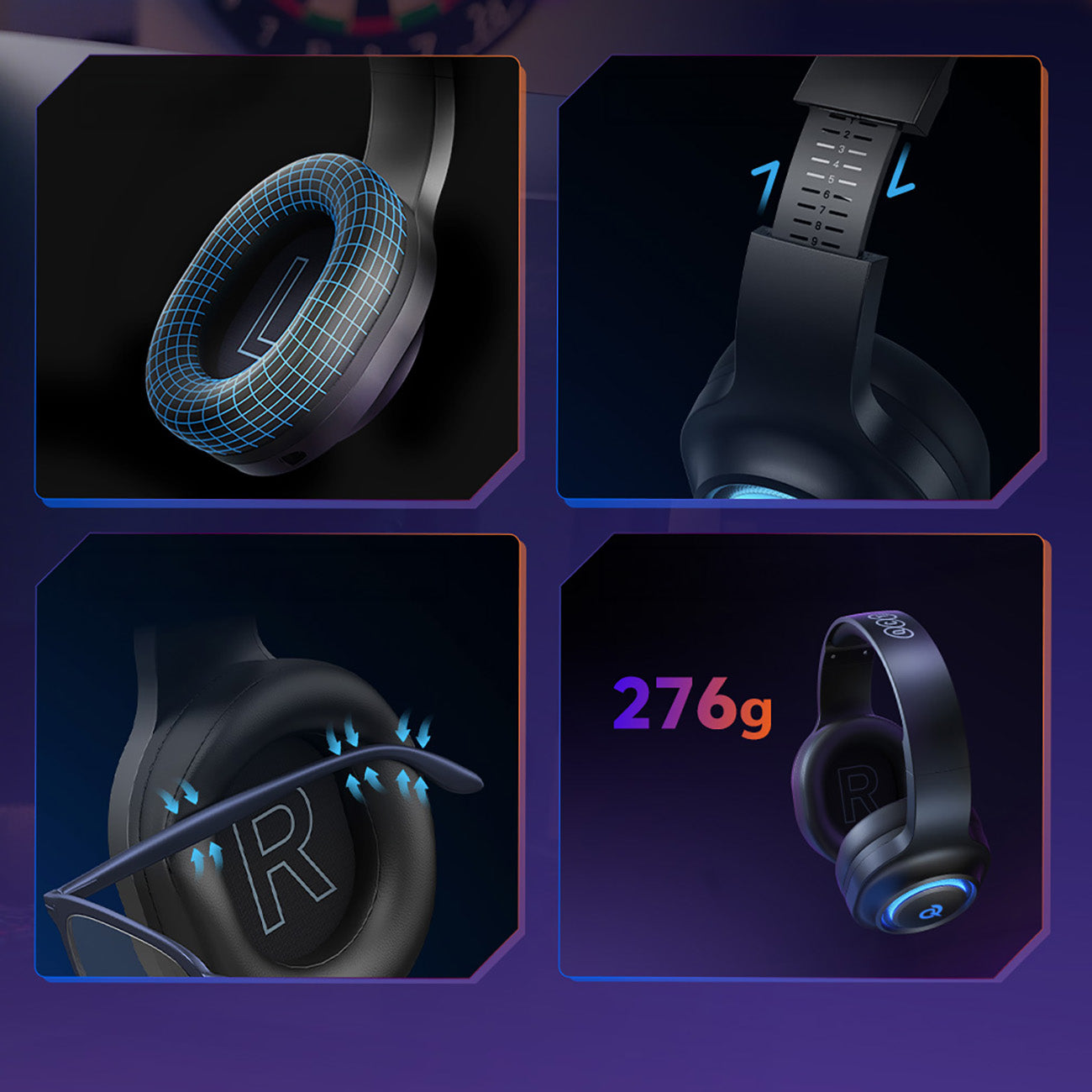 QCY Heroad V200 trijų režimų žaidimų ausinės su 7.1 garsu, 240 val. baterija ir nuimamu mikrofonu – juodos -- Headphones
