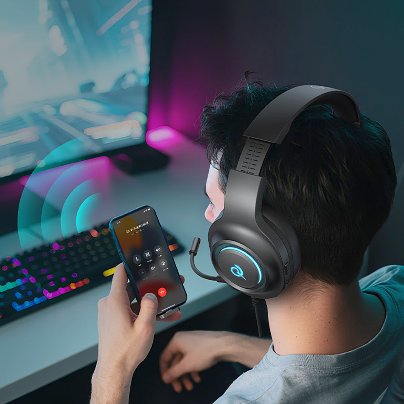 QCY Heroad V200 trijų režimų žaidimų ausinės su 7.1 garsu, 240 val. baterija ir nuimamu mikrofonu – juodos -- Headphones