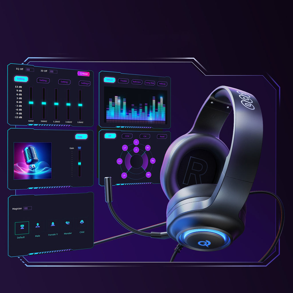 QCY V200 Pro laidinės žaidimų ausinės su 7.1 garsu ir nuimamu mikrofonu – juodos -- Headphones