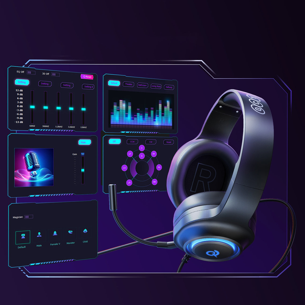 QCY V200 Pro laidinės žaidimų ausinės su 7.1 garsu ir nuimamu mikrofonu – juodos -- Headphones