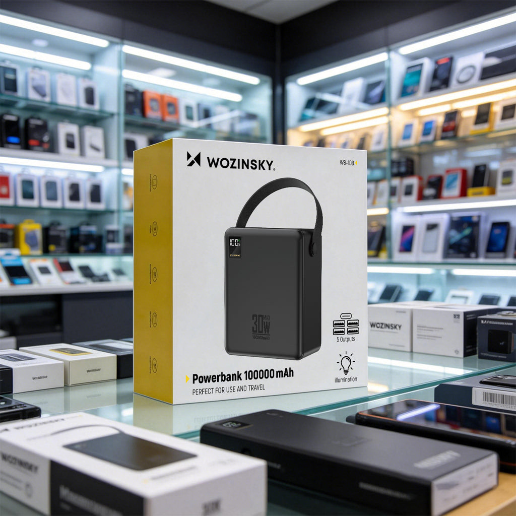 Wozinsky W8-B Powerbank 100000 mAh 30W 2x USB-A ir 2x USB-C su žibintuvėliu - Juoda -- Powerbanks