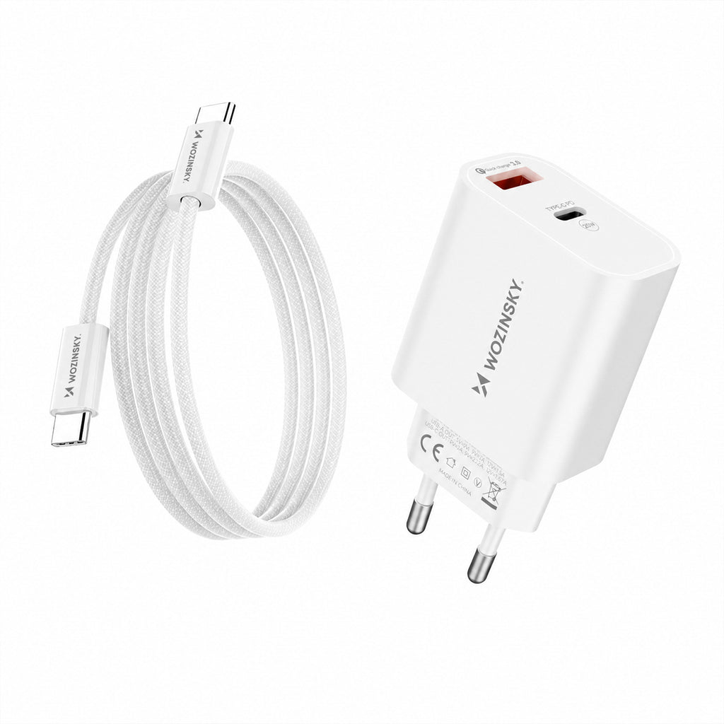 Wozinsky WLS-20W 20W USB-A USB-C sieninis įkroviklis su 1m USB-C - USB-C kabeliu - Baltas -- Cell phone chargers