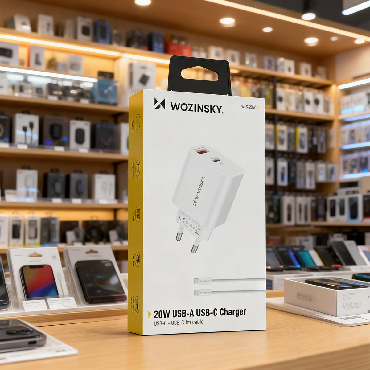Wozinsky WLS-20W 20W USB-A USB-C sieninis įkroviklis su 1m USB-C - USB-C kabeliu - Baltas -- Cell phone chargers