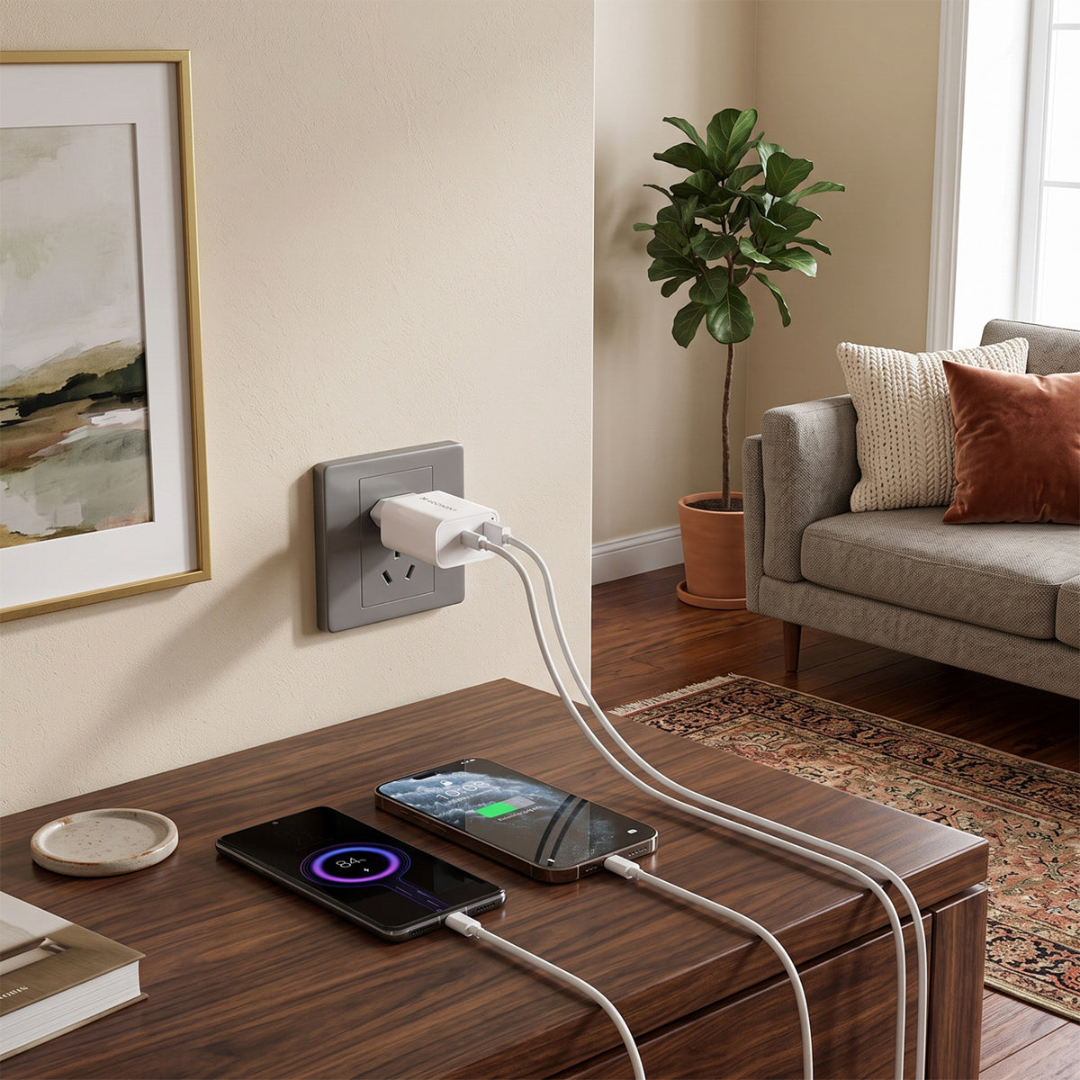 Wozinsky WLS-20W 20W USB-A USB-C sieninis įkroviklis su 1m USB-C - USB-C kabeliu - Baltas -- Cell phone chargers