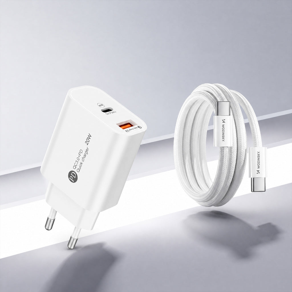 Wozinsky WLS-20W 20W USB-A USB-C sieninis įkroviklis su 1m USB-C - USB-C kabeliu - Baltas -- Cell phone chargers
