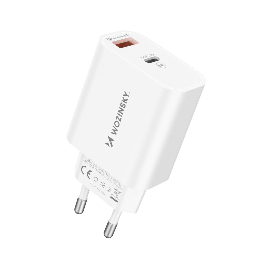 Wozinsky WLS-20W 20W USB-A USB-C sieninis įkroviklis su 1m USB-C - USB-C kabeliu - Baltas -- Cell phone chargers