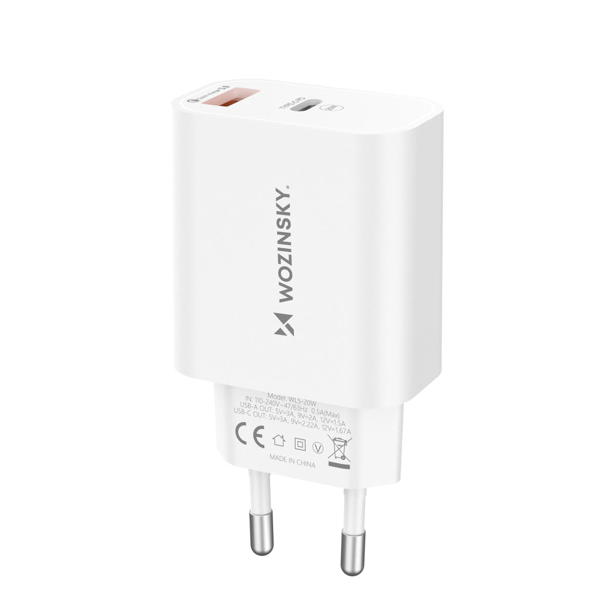 Wozinsky WLS-20W 20W USB-A USB-C sieninis įkroviklis su 1m USB-C - USB-C kabeliu - Baltas -- Cell phone chargers