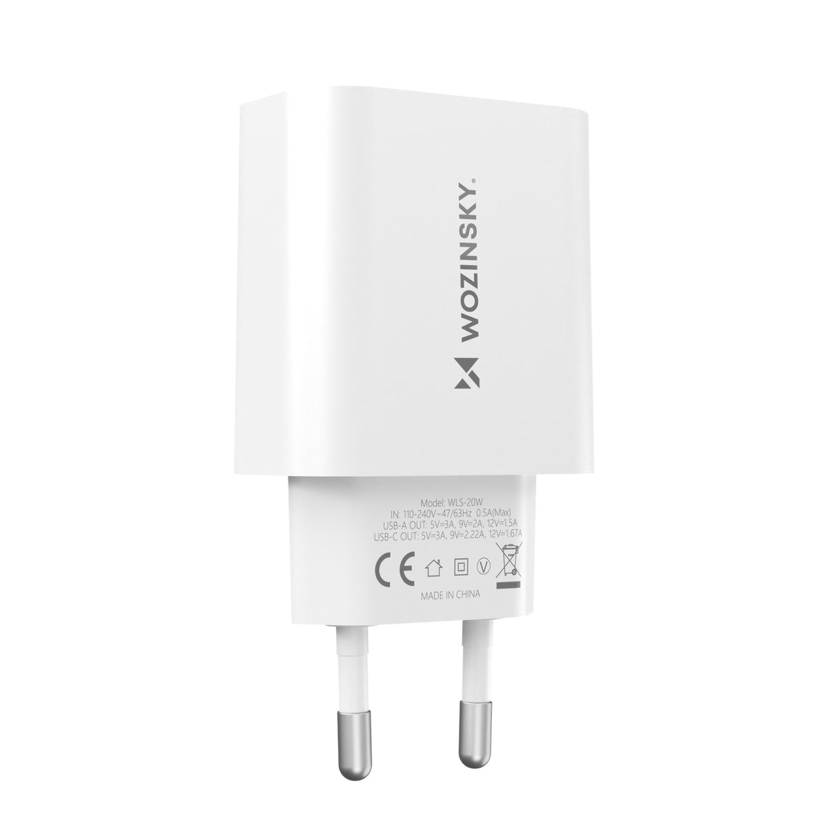 Wozinsky WLS-20W 20W USB-A USB-C sieninis įkroviklis su 1m USB-C - USB-C kabeliu - Baltas -- Cell phone chargers