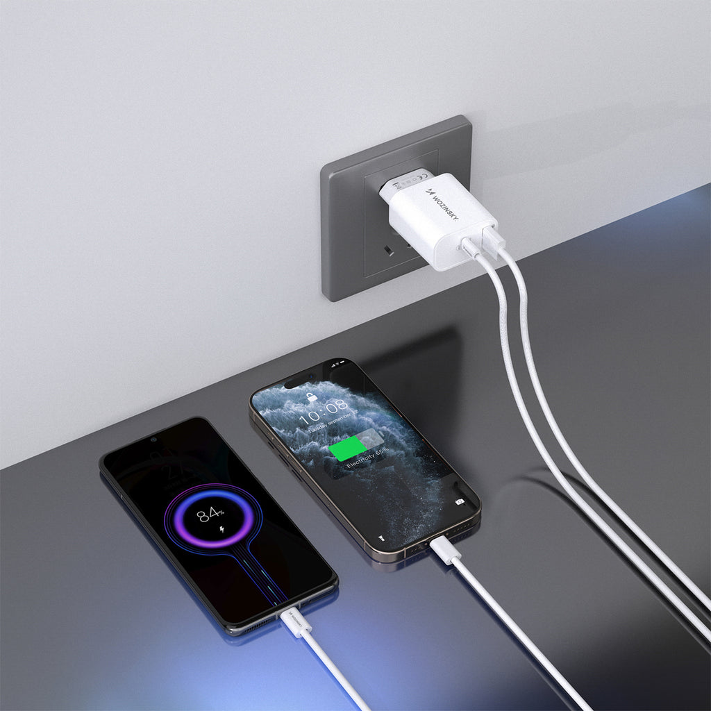 Wozinsky WLS-20W 20W USB-A USB-C sieninis įkroviklis su 1m USB-C - USB-C kabeliu - Baltas -- Cell phone chargers