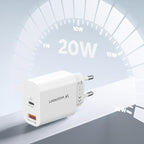 Wozinsky WLS-20W 20W USB-A USB-C sieninis įkroviklis su 1m USB-C - USB-C kabeliu - Baltas -- Cell phone chargers