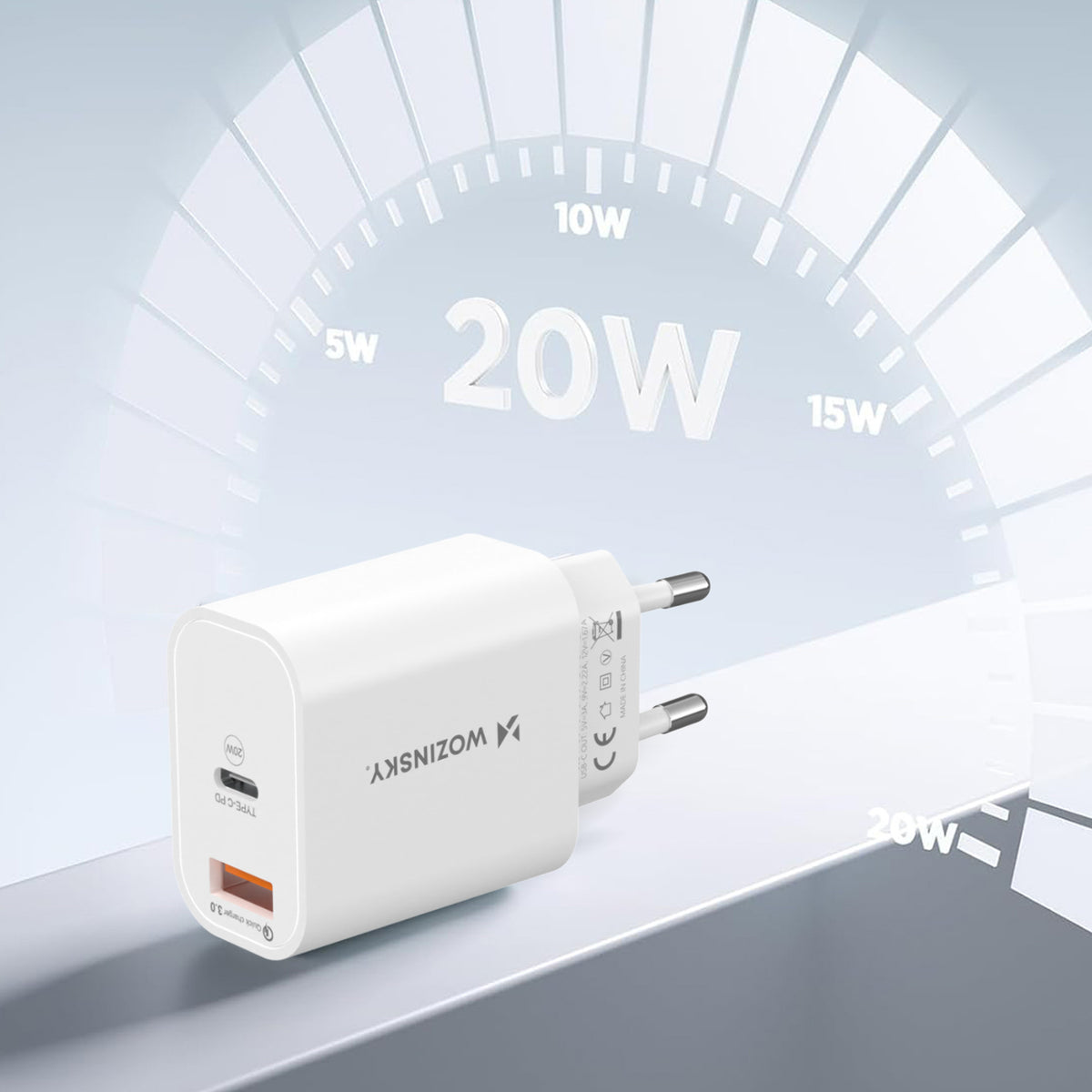 Wozinsky WLS-20W 20W USB-A USB-C sieninis įkroviklis su 1m USB-C - USB-C kabeliu - Baltas -- Cell phone chargers