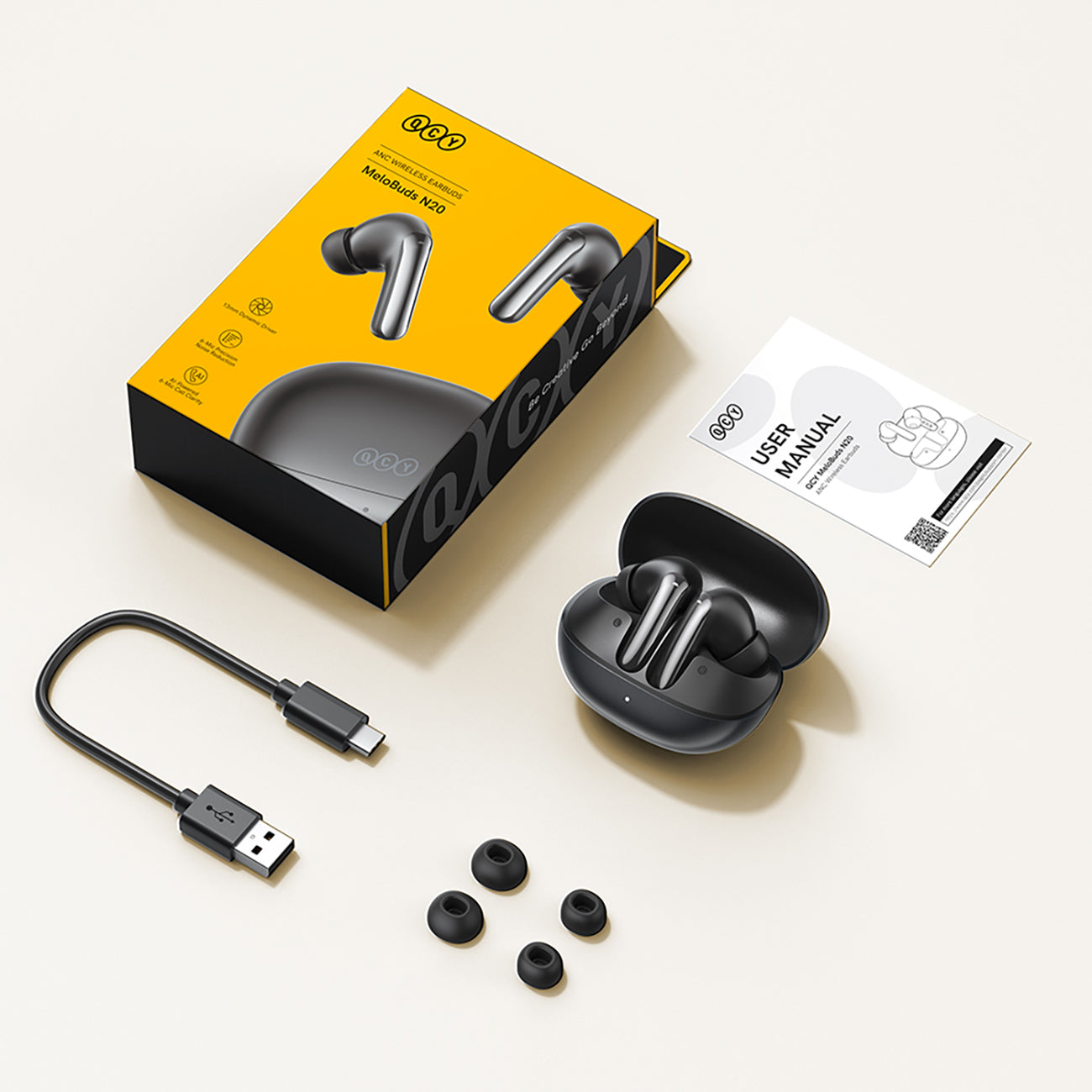 QCY MeloBuds N20 Bevielės triukšmo panaikinusios ANC ausinės - Juodos -- Headphones