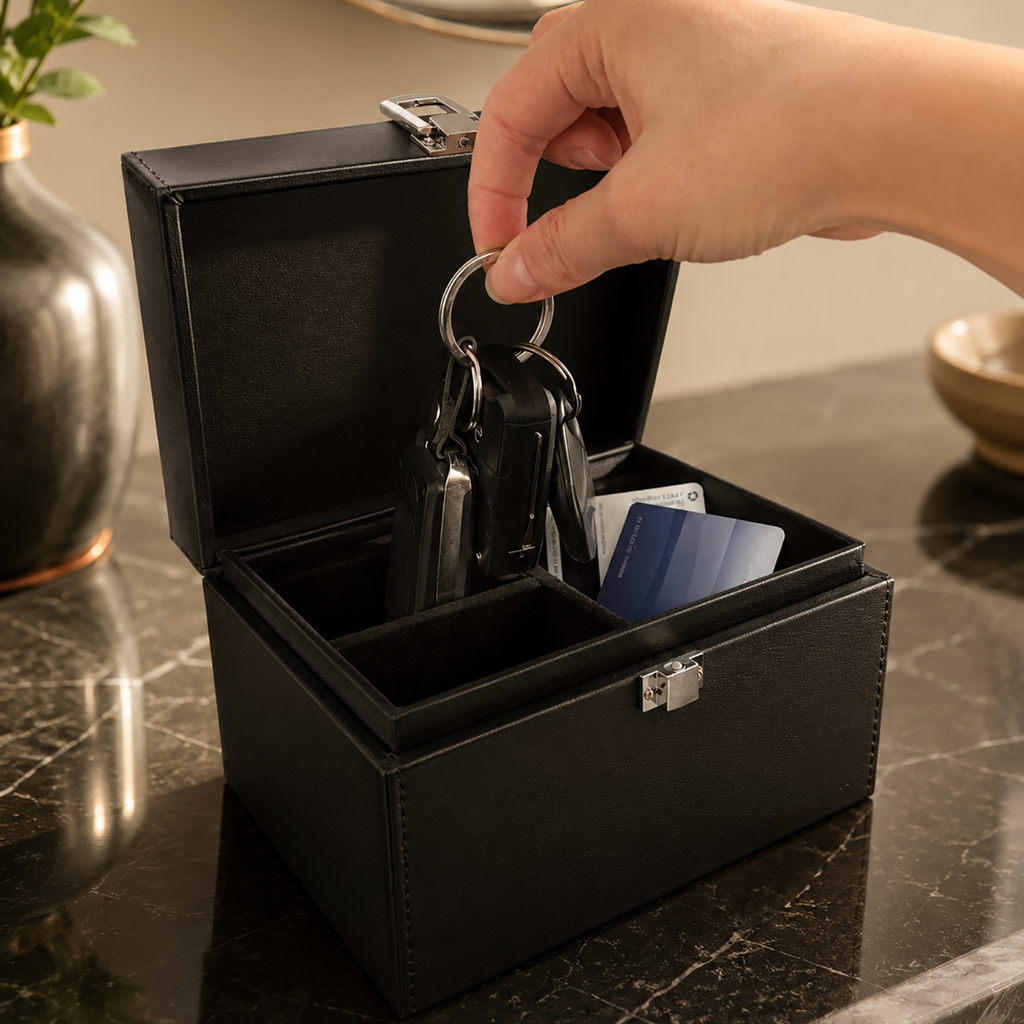 Wozinsky WPB-R16 RFID signalo blokavimo dėžutė belaidžiams raktams su skyreliais 16x12x9 cm - juodas -- Uncategorized