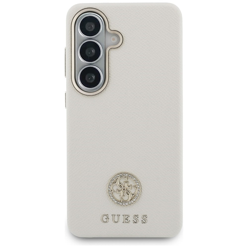 Guess Rhinestone Round Logo MagSafe dėklas skirtas Samsung Galaxy S26+ - smėlio
