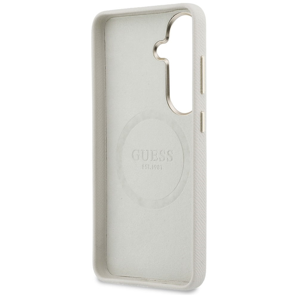 Guess Rhinestone Round Logo MagSafe dėklas skirtas Samsung Galaxy S26+ - smėlio