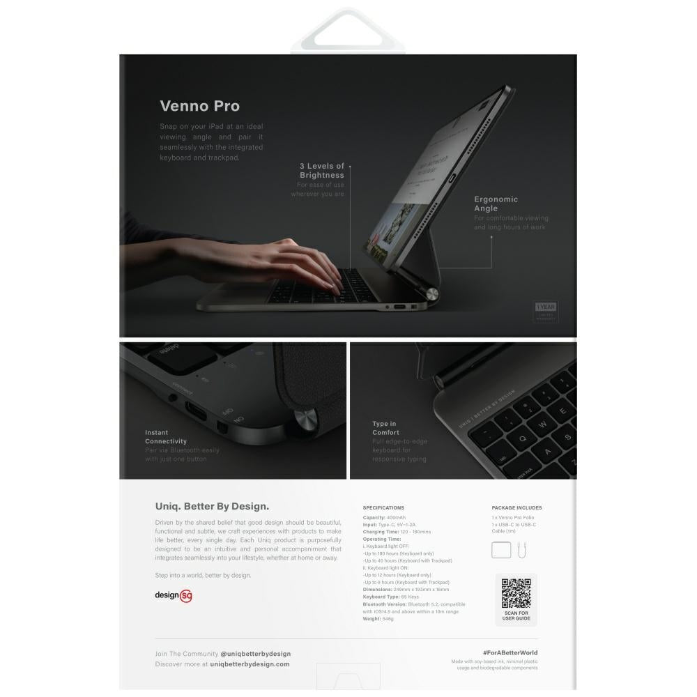 Uniq Venno Pro Magnetic Smart Case su klaviatūra, skirta iPad 11" A16 (2025) / iPad 10.9" (2022) – juoda