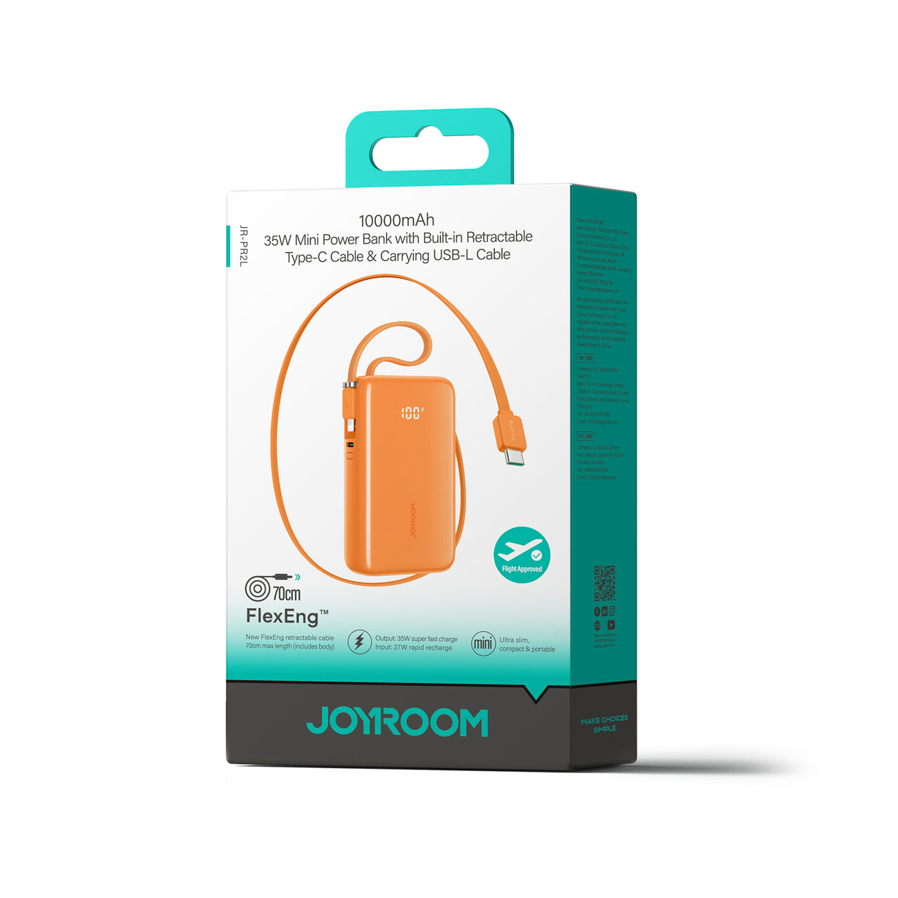Joyroom JR-PR2 35W 10000mAh Powerbank su integruotais USB-C ir Lightning kabeliais - Oranžinė -- Powerbanks