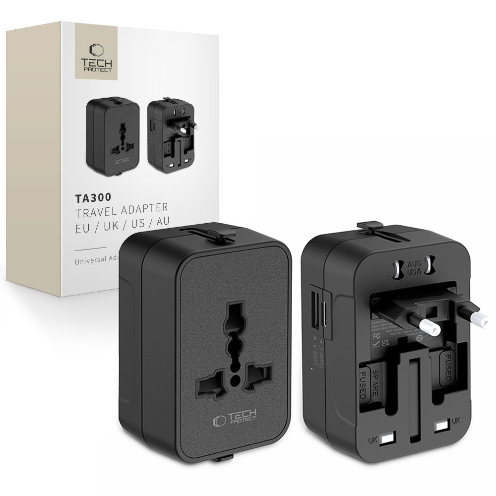 Tech-Protect TA300 kelioninis adapteris EU / UK / AU - juodas -- USB Adapters