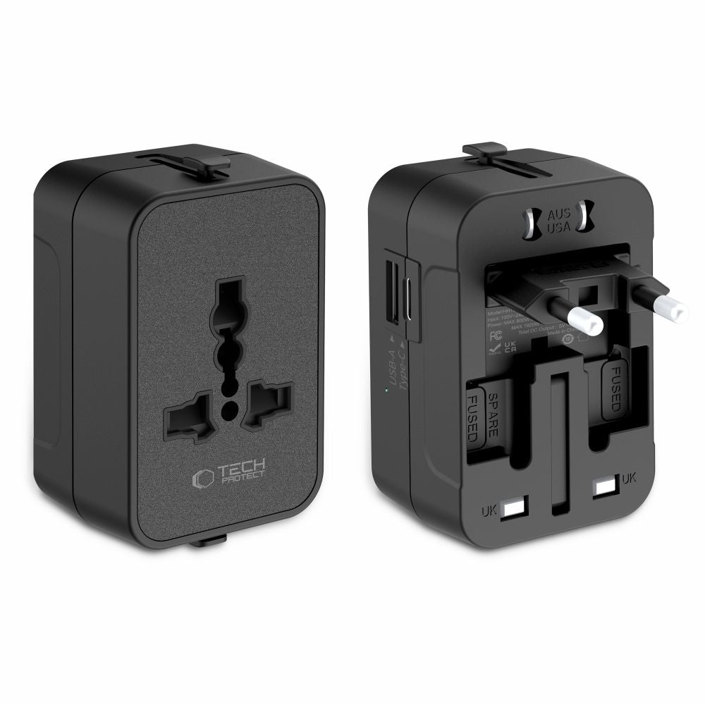 Tech-Protect TA300 kelioninis adapteris EU / UK / AU - juodas -- USB Adapters