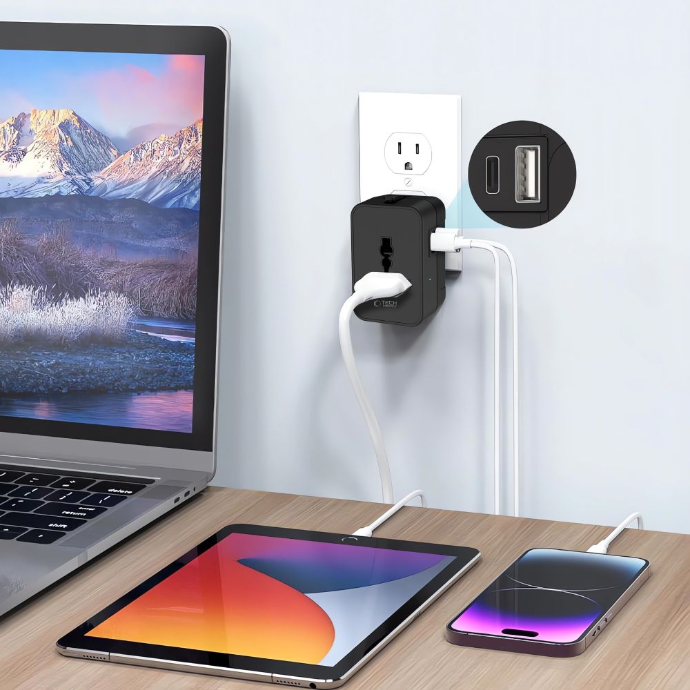 Tech-Protect TA300 kelioninis adapteris EU / UK / AU - juodas -- USB Adapters