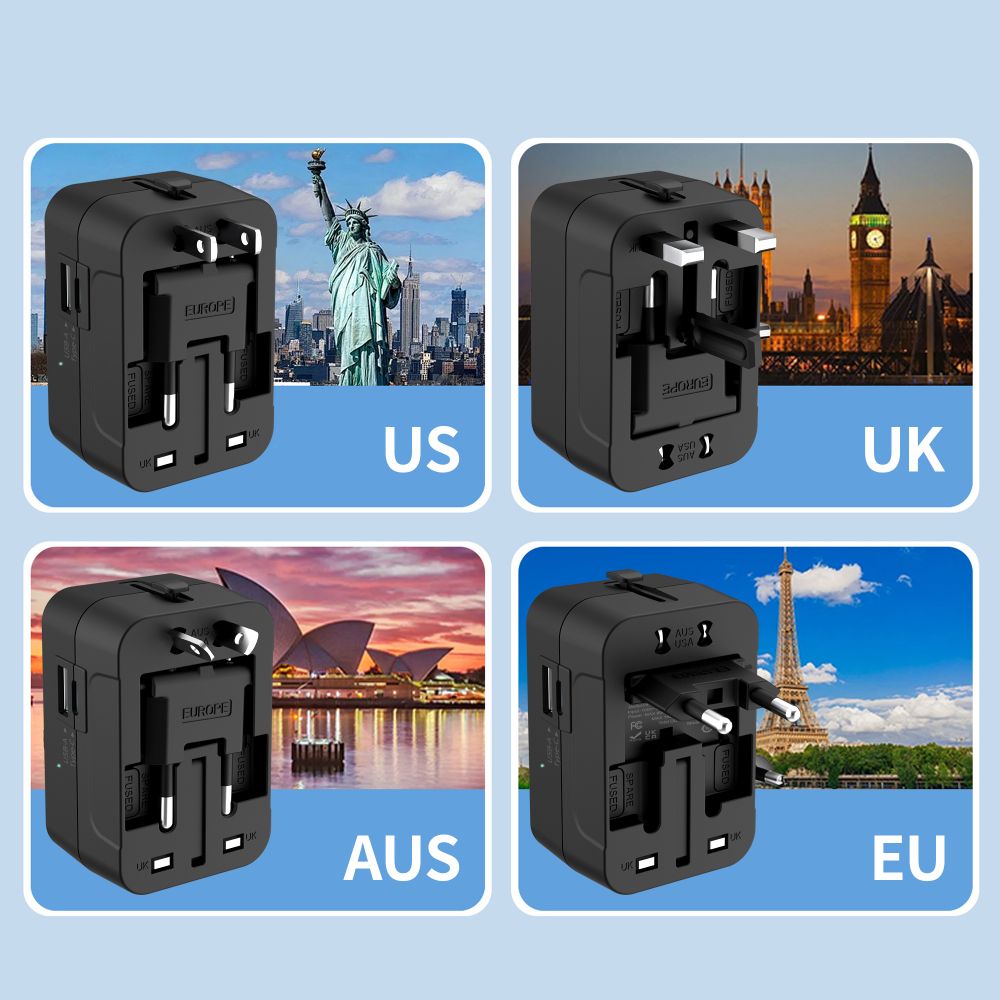 Tech-Protect TA300 kelioninis adapteris EU / UK / AU - juodas -- USB Adapters