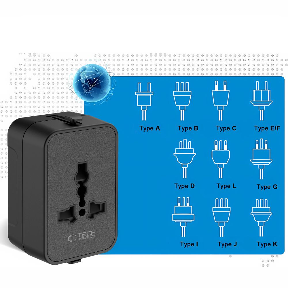 Tech-Protect TA300 kelioninis adapteris EU / UK / AU - juodas -- USB Adapters