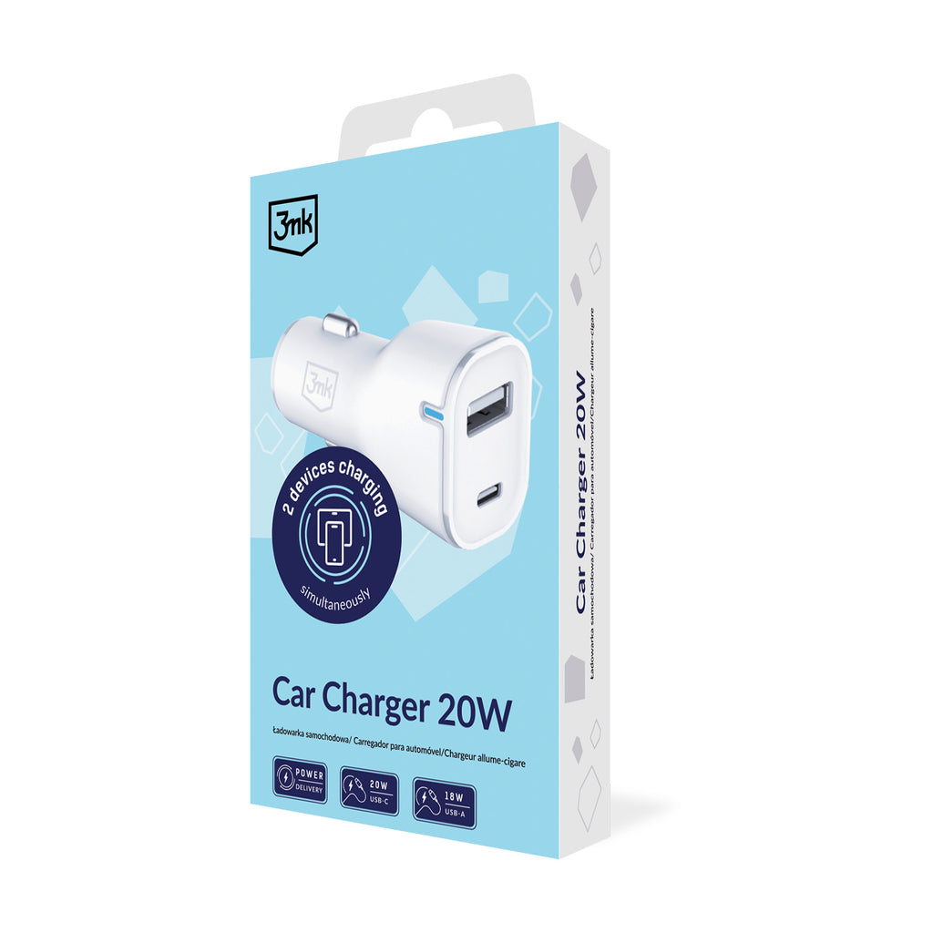 3mk automobilinis įkroviklis 20W PD3.0 QC 3.0 USB 1A1C – baltas -- Cell phone chargers