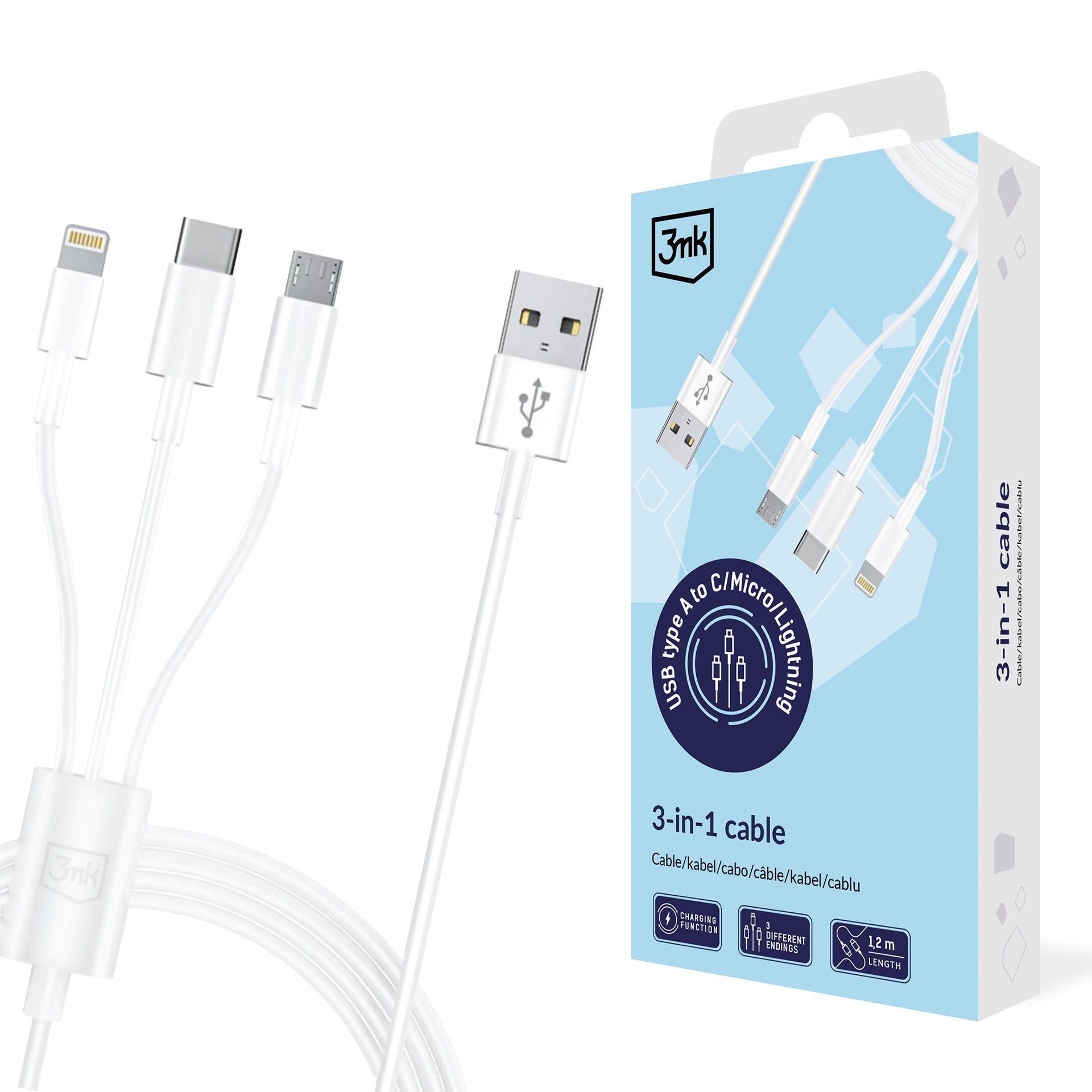 3mk Kabelis 3in1 USB-A - micro USB / Lightning / USB-C 1.2m 20V/2.4A 15W - baltas -- Cell phone cables