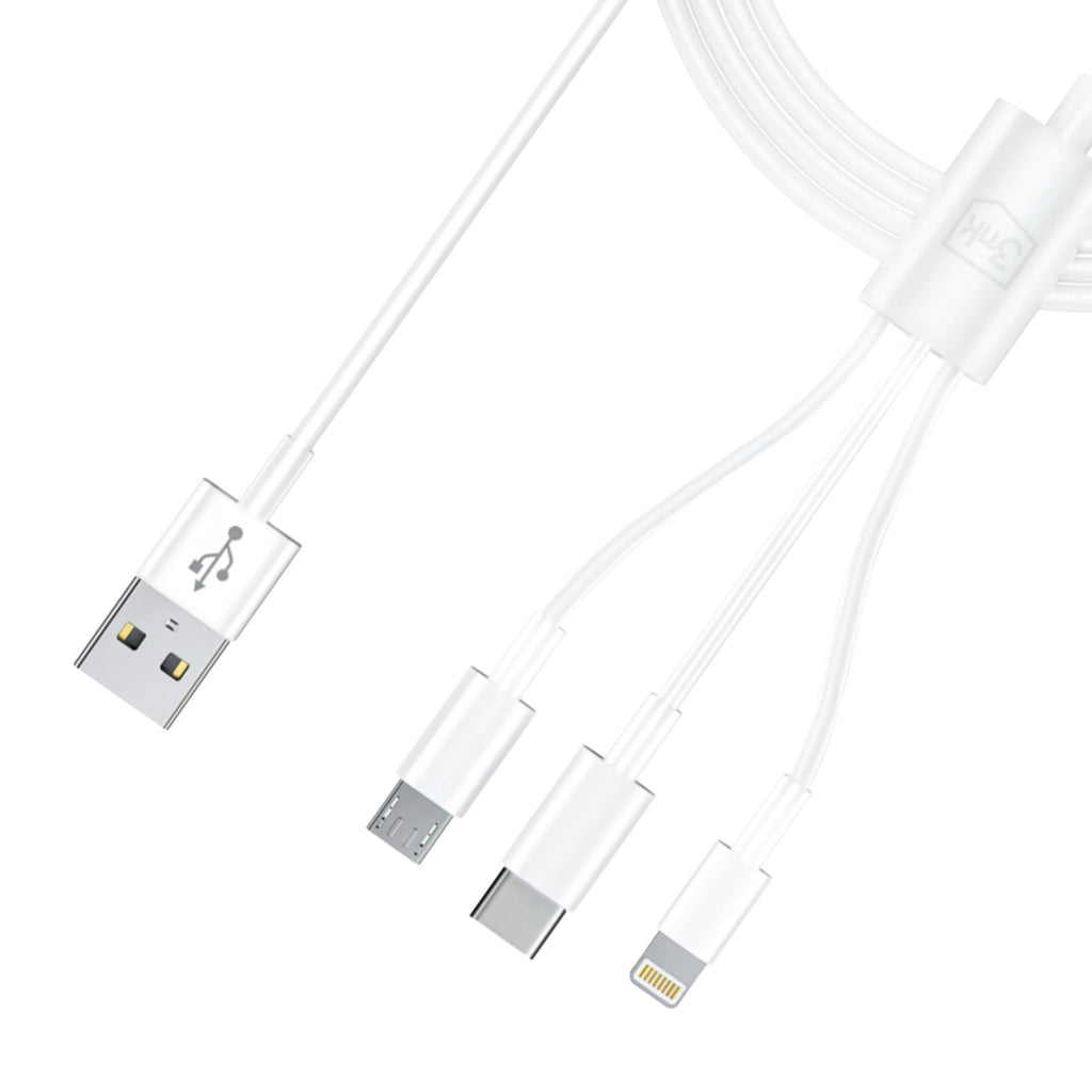 3mk Kabelis 3in1 USB-A - micro USB / Lightning / USB-C 1.2m 20V/2.4A 15W - baltas -- Cell phone cables