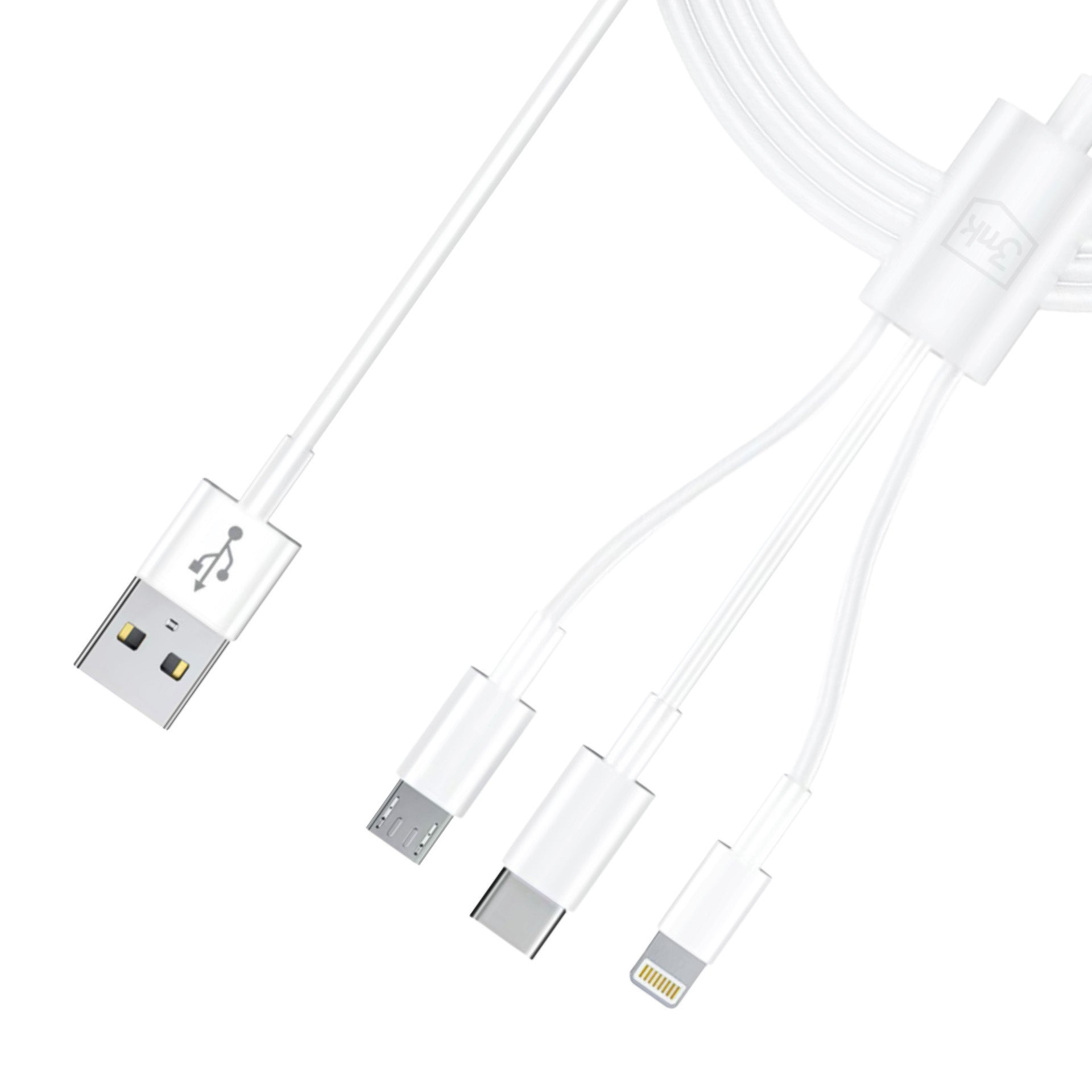 3mk Kabelis 3in1 USB-A - micro USB / Lightning / USB-C 1.2m 20V/2.4A 15W - baltas -- Cell phone cables