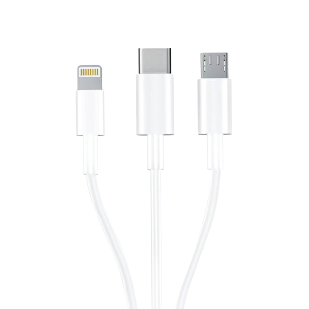 3mk Kabelis 3in1 USB-A - micro USB / Lightning / USB-C 1.2m 20V/2.4A 15W - baltas -- Cell phone cables