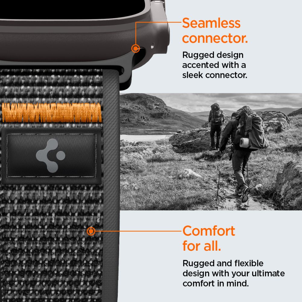 „Spigen Athlex Air 2“ dirželis, skirtas „Apple Watch“ (44 / 45 / 46 / 49 mm) – juodas ir oranžinis