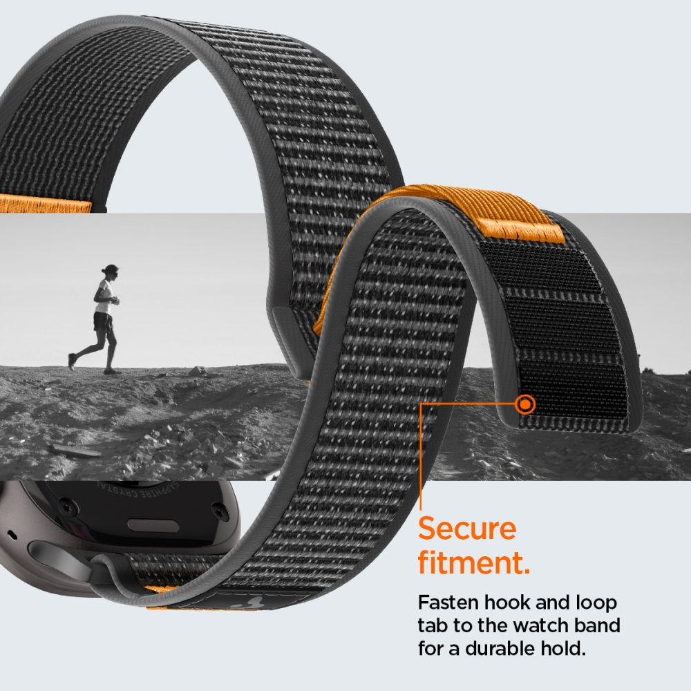 „Spigen Athlex Air 2“ dirželis, skirtas „Apple Watch“ (44 / 45 / 46 / 49 mm) – juodas ir oranžinis