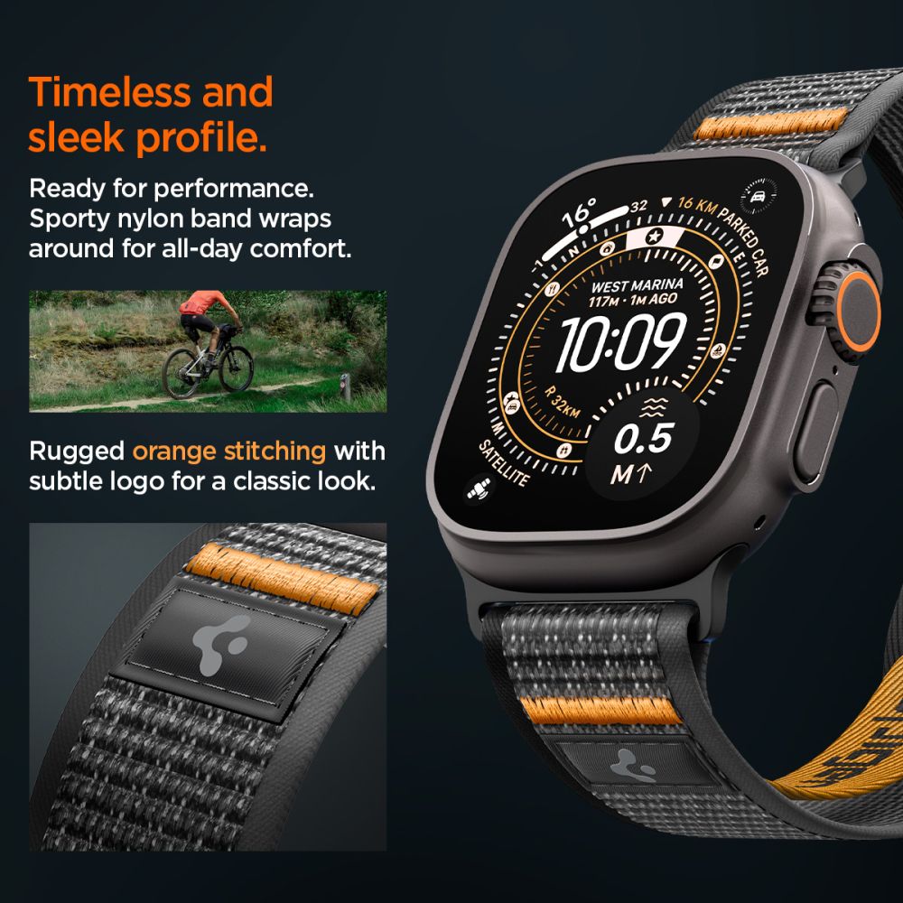„Spigen Athlex Air 2“ dirželis, skirtas „Apple Watch“ (44 / 45 / 46 / 49 mm) – juodas ir oranžinis
